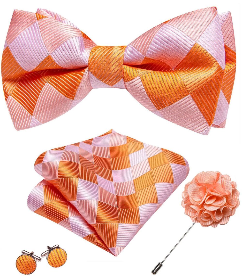 4527 Bow Tie Set Orange Pre-tied Bowties Adjustable with Handkerchief